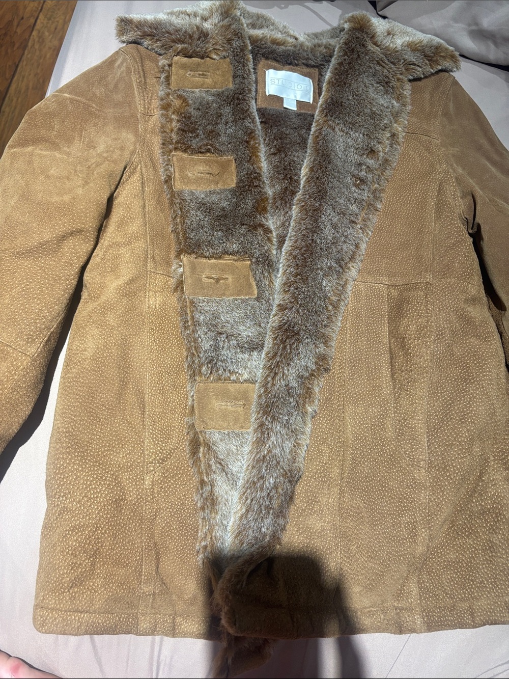 Studio C Faux-Suede Coat with Plush Faux-Fur Trim - Tan